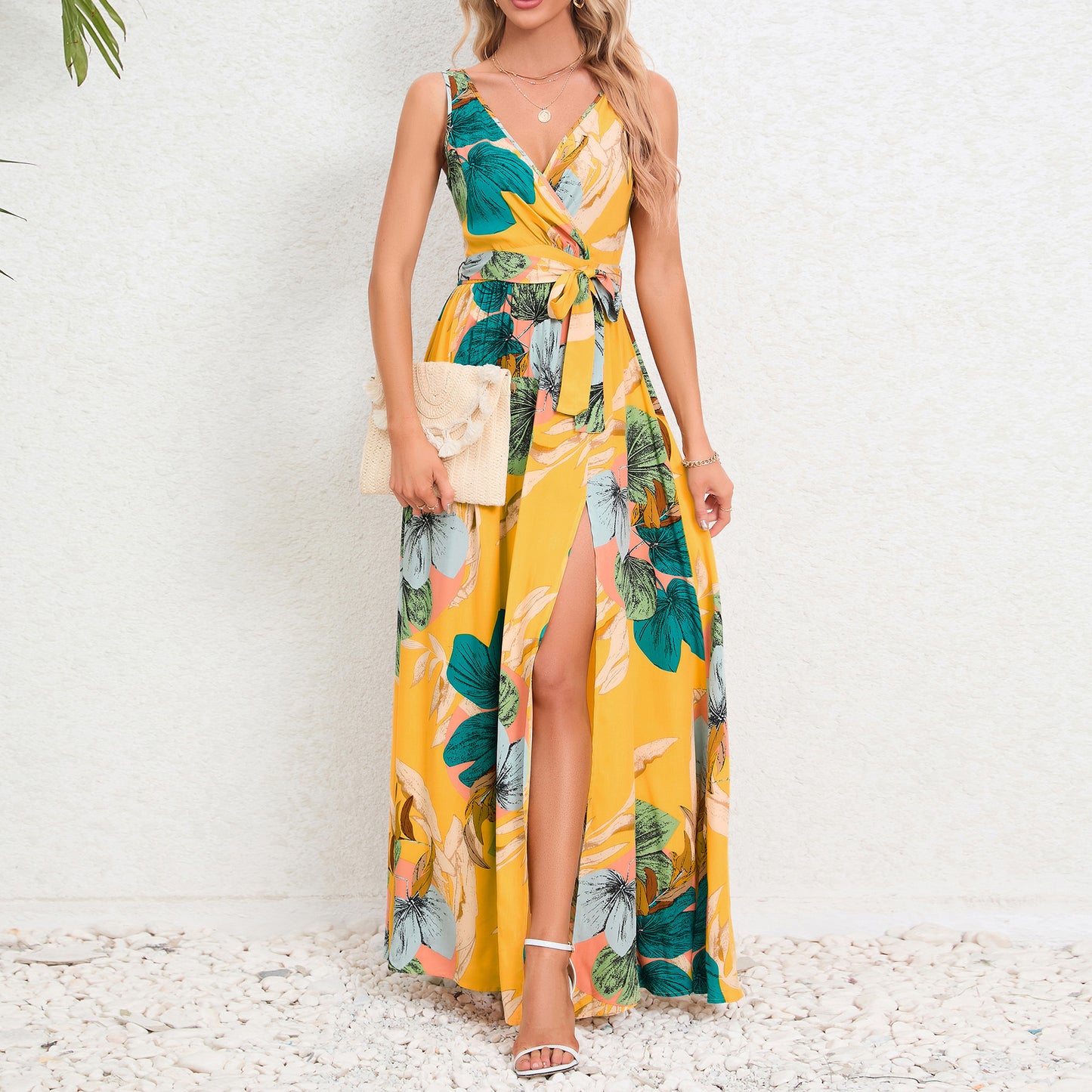 Robe Longue Évasée à Imprimé Tropical