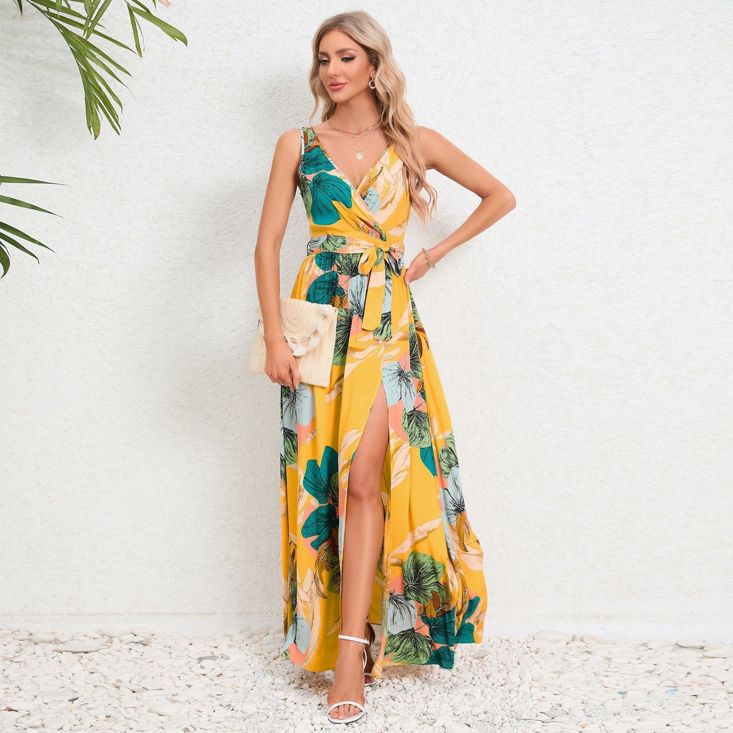 Robe Longue Évasée à Imprimé Tropical