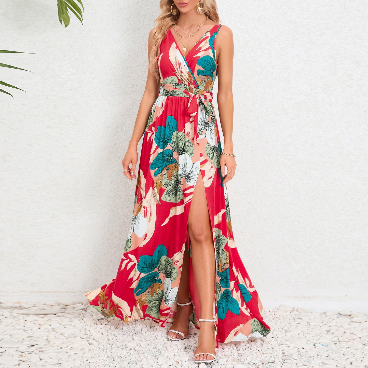 Robe Longue Évasée à Imprimé Tropical