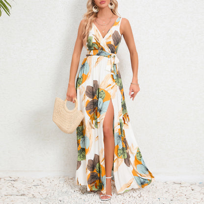 Robe Longue Évasée à Imprimé Tropical